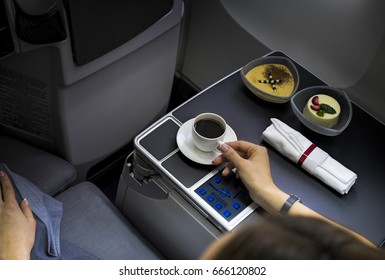 Food Served On Board Of Business Class Airplane On The Table