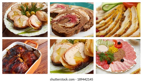 Food Set Of Different Meat Wrapped Rolls . Collage