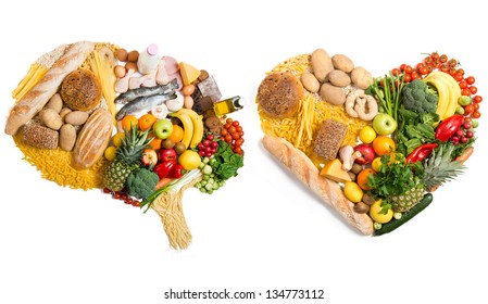 Food in a shape of a brain and heart on white background