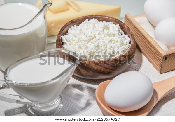 Food is a source of calcium, magnesium, protein,\
fats, carbohydrates, balanced diet. Dairy products on the table:\
cottage cheese, sour cream, milk, cheese, chicken egg, contain\
casein, albumin