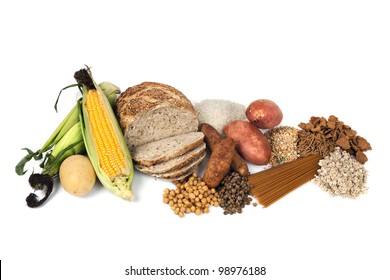 Food Sources Of Complex Carbohydrates, Isolated On White Background.