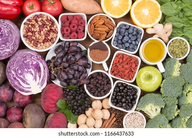 Food sources of natural antioxidants such as fruits, vegetables, nuts and cocoa powder.  Antioxidants neutralize free radicals