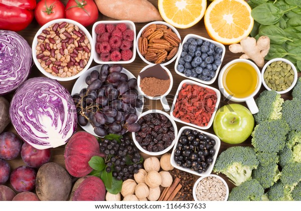 Food sources of natural antioxidants such as fruits, vegetables, nuts and cocoa powder. Antioxidants neutralize free radicals