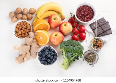 Food Sources Of Natural Antioxidants. Top View. Healthy Diet Concept