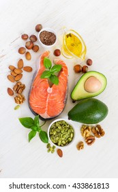 Food Sources Of Omega 3 And Healthy Fats, Top View