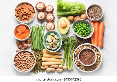 Food Sources Of Plant Based Protein. Healthy Diet With  Legumes, Dried Fruit, Seeds, Nuts And Vegetables.  Foods High In Protein, Antioxidants, Vitamins And Fiber.