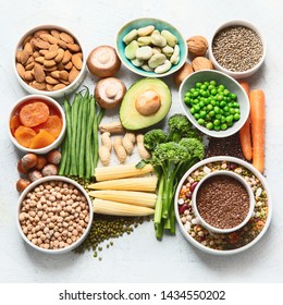 Food Sources Of Plant Based Protein. Healthy Diet With  Legumes, Dried Fruit, Seeds, Nuts And Vegetables.  Foods High In Protein, Antioxidants, Vitamins And Fiber.