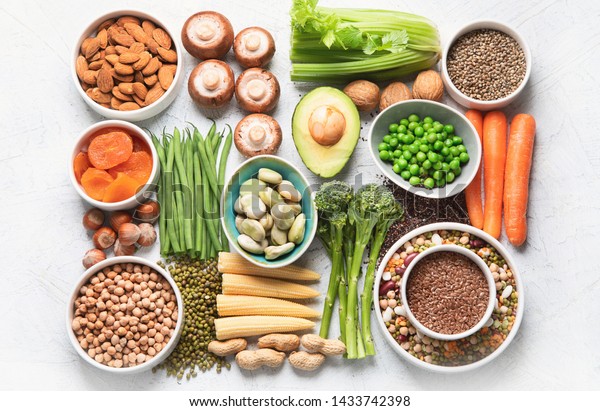 Food sources of plant\
based protein. Healthy diet with  legumes, dried fruit, seeds, nuts\
and vegetables.  Foods high in protein, antioxidants, vitamins and\
fiber.