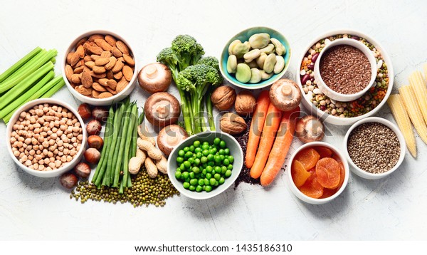 Food sources of plant\
based protein. Healthy diet with  legumes, dried fruit, seeds, nuts\
and vegetables.  Foods high in protein, antioxidants, vitamins and\
fiber.