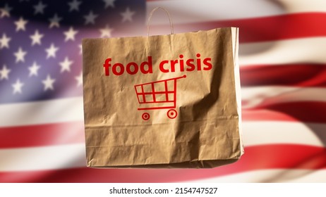 Food Stamps In United States. Assistance Program For Poor. Fighting Hunger USA. Paper Bag With Food Crisis Inscription. Products Allocate Food Stamps To Charity. Package With Meal In Front USA Flag