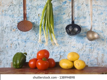 Food Still Life: Vegetables + Vintage Kitchen Utensils, Slow Food