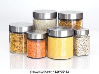 Food Storage. Food Ingredients In Glass Jars, On White Background.