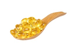 Food Supplement Fish Oil Capsules On Wooden Spoon On A White Background With Clipping Path. Concept Medicine And Healthcare