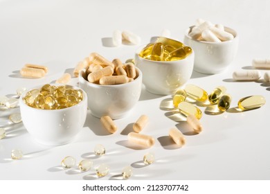 Food supplement oil filled fish oil, omega 3, omega 6, omega 9, vitamin A, vitamin D, vitamin E, flaxseed oil. - Shutterstock ID 2123707742