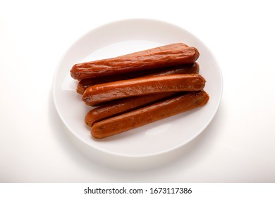 Food Swap. Meatless Sausages On Plate Isolated On White Background, Free Space