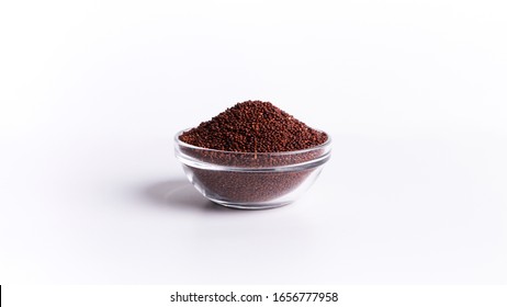 Food Swap. Red Quinoa In Glass Plate On White Background Free Space