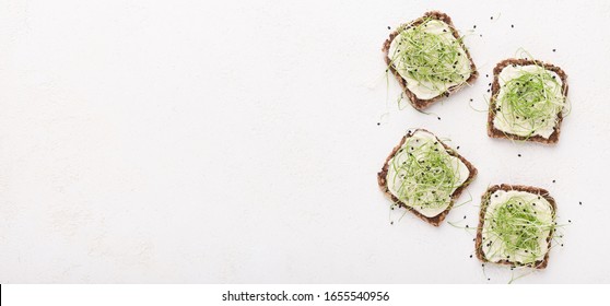 Food Swap. Rye Bread With Tofu And Microgreen On Dairy Background, Panorama