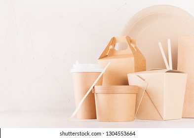 Food Takeaway Set Mockup For Brand - Blank Kraft Paper Pack For Asian Cuisine - Box For Noodles, Drink Cup, Bowl, Chopsticks On White Wooden Table, Closeup.