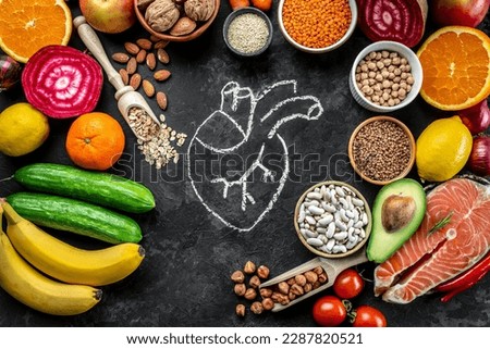 food that is good for the heart, Healthy, clean eating. place for text, top view.