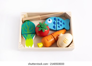 Food Toys Set On White Background. Creative Wooden Design, Vegetarian Vegetable. Child Development. Kids Play.