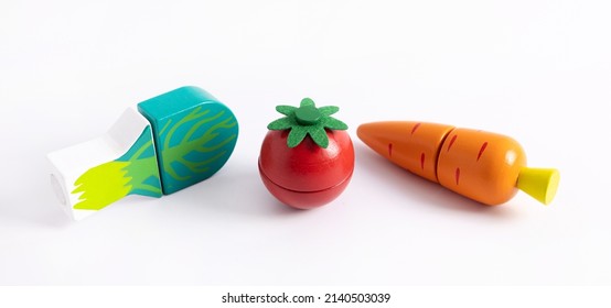 Food Toys Set On White Background. Creative Wooden Design, Vegetarian Vegetable. Child Development. Kids Play.