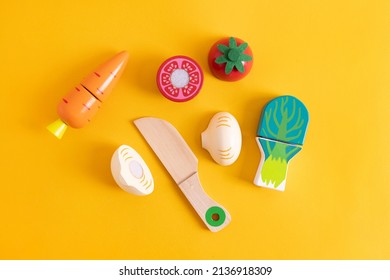 Food Toys Set On Yellow Background. Creative Wooden Design, Vegetarian Vegetable. Child Development. Kids Play.