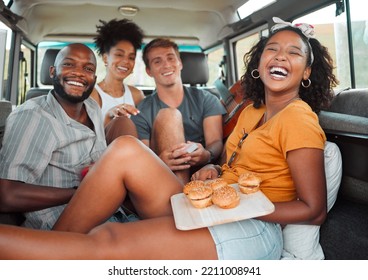 Food, travel and friends eating on a road trip, happy, relax and laughing while bonding in a car together. Fast food, diversity and face portrait of smiling people enjoying freedom and adventure trip