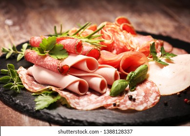 Food Tray With Delicious Salami, Pieces Of Sliced Ham, Sausage - Meat Platter With Selection