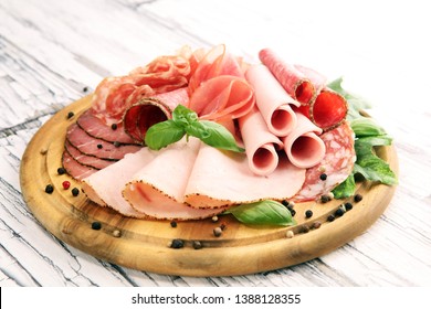 Food Tray With Delicious Salami, Pieces Of Sliced Ham, Sausage - Meat Platter With Selection