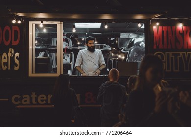 Food Truck
With Hot Dogs And Burgers. Brutal Bearded Chef