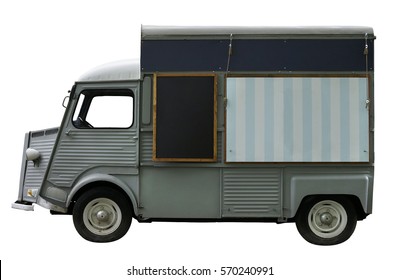 Food Truck Isolated On White. Old And Closed