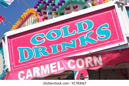 Food Vendor Sign At County Fair Cold Drinks And Carmel Corn