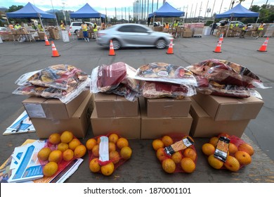 Food Is Waiting To Be Loaded Into The Trunk Of Vehicles During A Drive Thru Food Distribution By The Los Angeles Regional Food Bank In Glendora, Calif. Dce. 8, 2020.