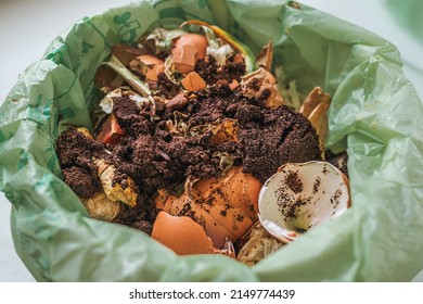 Food waste in an ecological degradable plastic bag. Sorting waste for processing into compost. egg shells, coffee grounds and tea leaves.