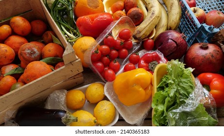 Food Waste. Fruits And Vegetables Are Wasted By Suppliers, Retailers, And Consumers. Throwing Out Food That Cant Be Sold. Discarded Unsold Damaged Fruits And Vegetables In Packages