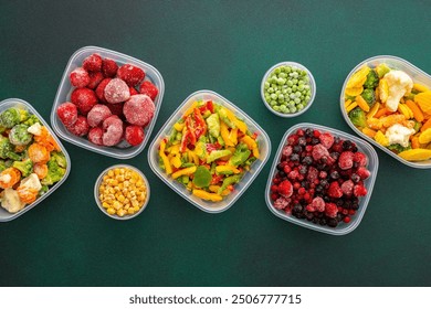 Food in winter, freezing fresh vegetables in summer in the refrigerator, various frozen vegetables in plastic dishes in the middle of the background, top view, background of containers with vegetables - Powered by Shutterstock