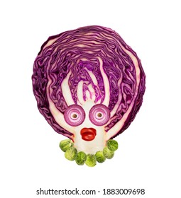 Food Woman Face Creative Composition, Fun Healthy Vegetables Concept. Creative Red Cabbage Female Character With Onion Eyes And Cherry Tomatoes Lips