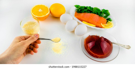 Foods Containing Collagen. Gelatin, Eggs, Fish, Greens, Citrus Fruits Containing Collagen And Are Necessary For Its Synthesis For Youthful Skin And Healthy Joints. White Background. Copy Space.