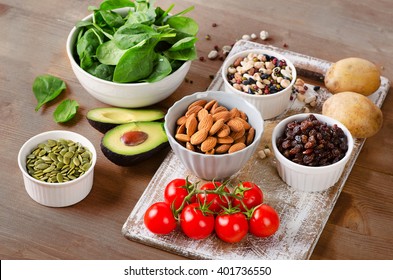 Foods Containing Potassium On A Wooden Table. 