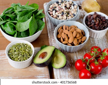 Foods Containing Potassium On A Wooden Table. Top View