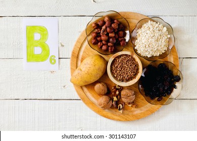Foods containing vitamin B 6: hazelnuts, potatoes, oatmeal, raisin, buckwheat, walnuts