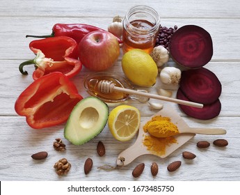 Foods For Gut Health. Natural Food Products For Healthy Bowels. Concept Of Balanced Nutrition For Digestive Health. Healthy Food Sources For Healthy Gut. Turmeric, Beetroot, Honey, Garlic, Lemon, Etc.