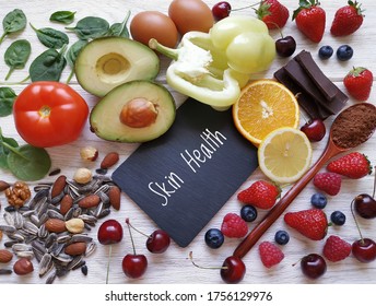 Foods For Healthy Glowing Skin. Assortment Of Various Natural Food Products High In Vitamins And Minerals For Skin Health. Nutrition For Beautiful Supple Skin. Beauty Foods Healthy Eating Concept.