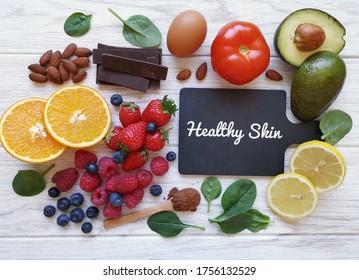 Foods For Healthy Glowing Skin. Assortment Of Various Natural Food Products High In Vitamins And Minerals For Skin Health. Nutrition For Beautiful Supple Skin. Beauty Foods Healthy Eating Concept.