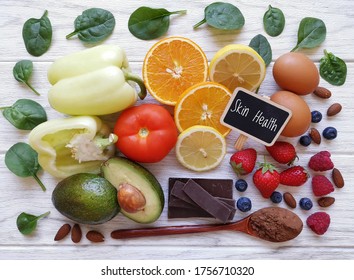 Foods For Healthy Glowing Skin. Assortment Of Various Natural Food Products High In Vitamins And Minerals For Skin Health. Nutrition For Beautiful Supple Skin. Beauty Foods Healthy Eating Concept.