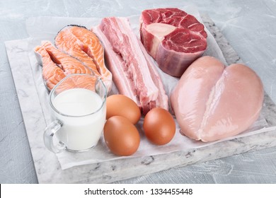 Foods High In Animal Protein On Grey Background. 