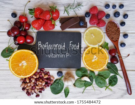 Foods high in bioflavonoids or flavonoids or vitamin P. Flavonoid rich food can help with heart health, cancer prevention, allergies, asthma, hypertension, varicose veins, hemorrhoids, hepatitis, etc.