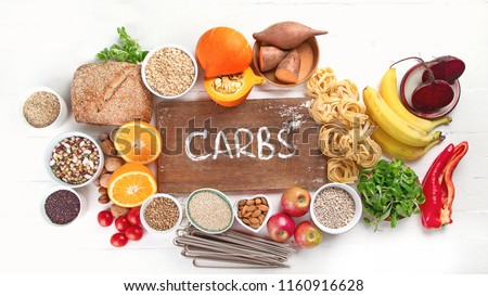 Foods high in carbohydrates. Healthy food. Top view