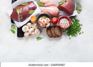 Foods High In Iron For Boosts Hemoglobin And Red Blood Cell Production. Food For Healthy Pregnancy. Top View With Copy Space