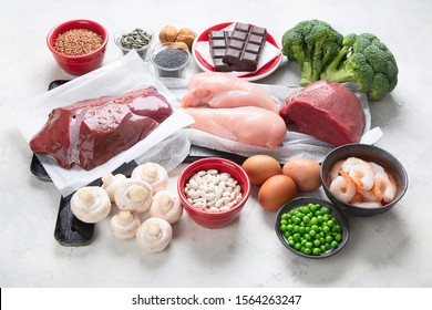 Foods High In Iron For Boosts Hemoglobin And Red Blood Cell Production. Food For Healthy Pregnancy. Top View With Copy Space